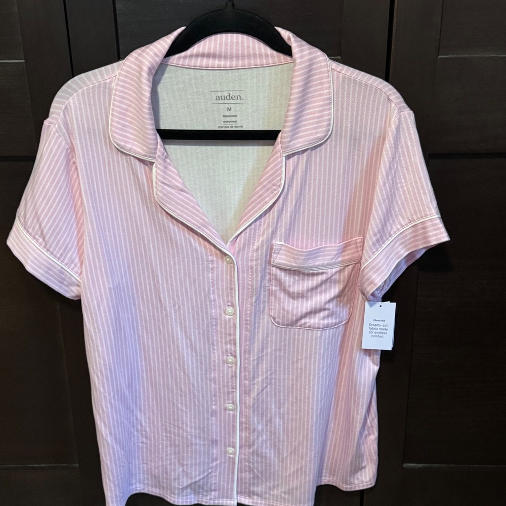 Auden Womens Pink Striped Cloud Knit Pajama Top Short Sleeve Size M